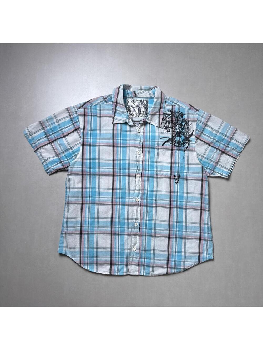 Y2K Surplus 00s blue plaid button up shirt